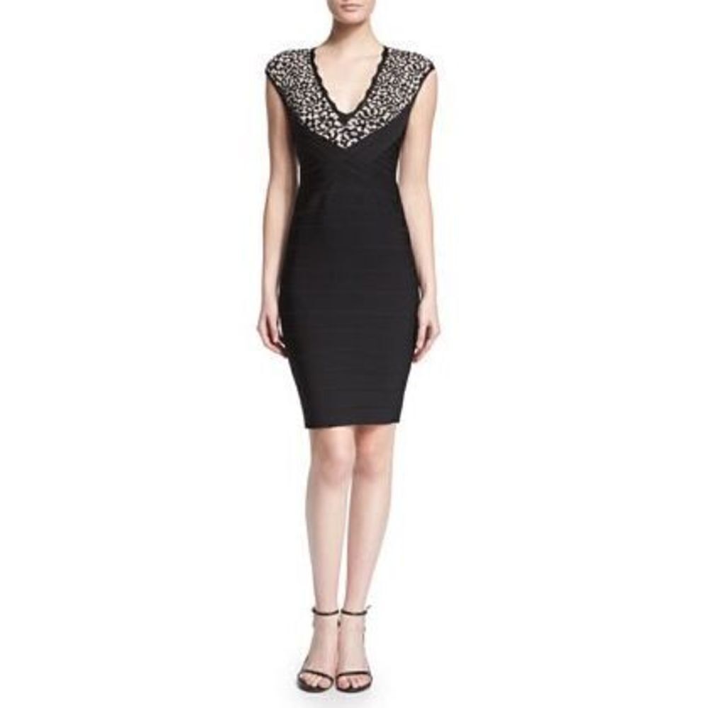 Herve Leger 30th Anniversary Black Bodycon Bandage Dress Tan V Neck Floral XS